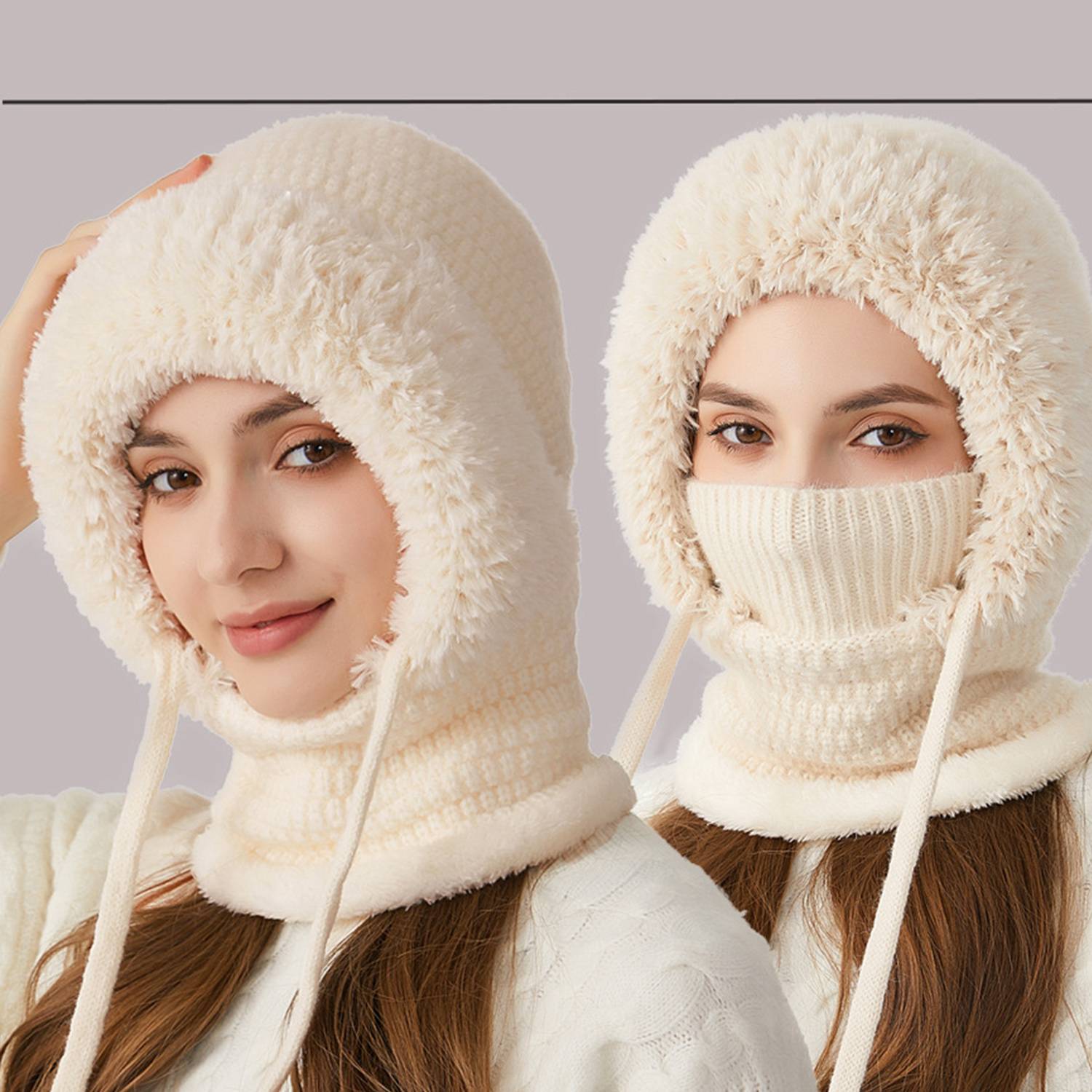Women Winter Knit Beanie Hat w/ Face Mask 10