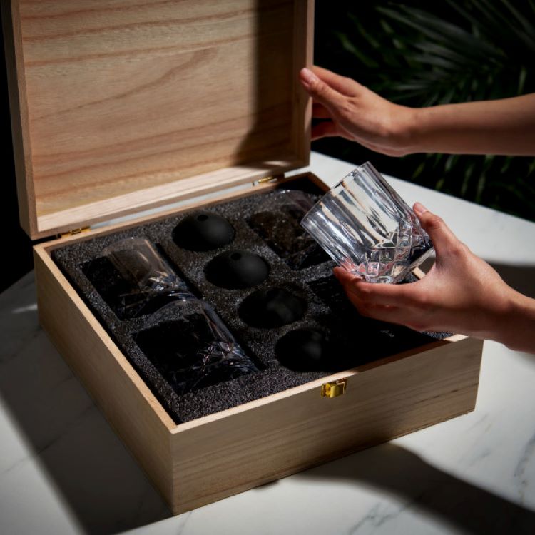 Viski® Crystal Liquor Glass and Ice Sphere Wood Box Set 3