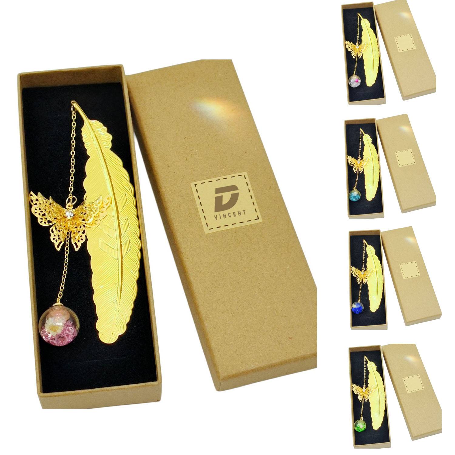 Metal Feather Bookmark w/ Butterfly and Glass Bead 14