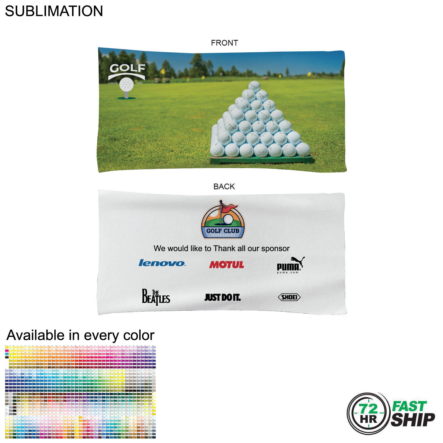 72 Hr Fast Ship - Golf Caddie Tournament Towel in Microfiber Terry, 22"x44", Sublimated 2 sides 9