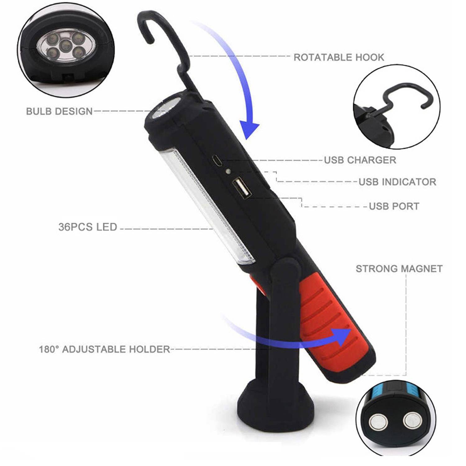 Adjustable Magnetic LED Work Flashlight w/ Hook 5