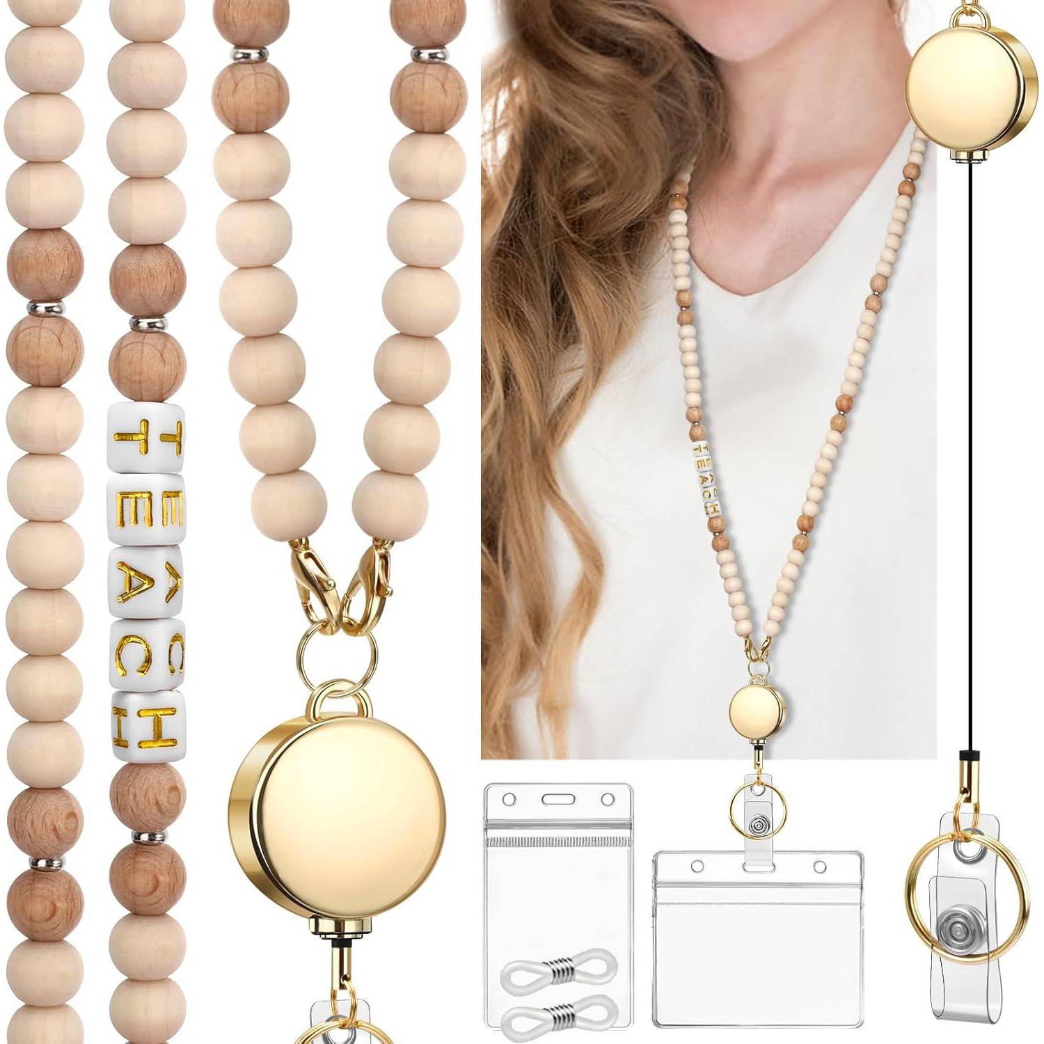 Wooden Bead Zipper Pull Retractable Lanyard Set 4