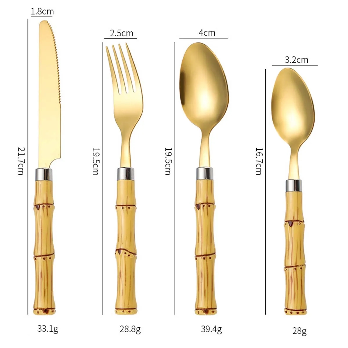 4 Piece Bamboo Stainless Steel Cutlery Gold Flatware Sets 9