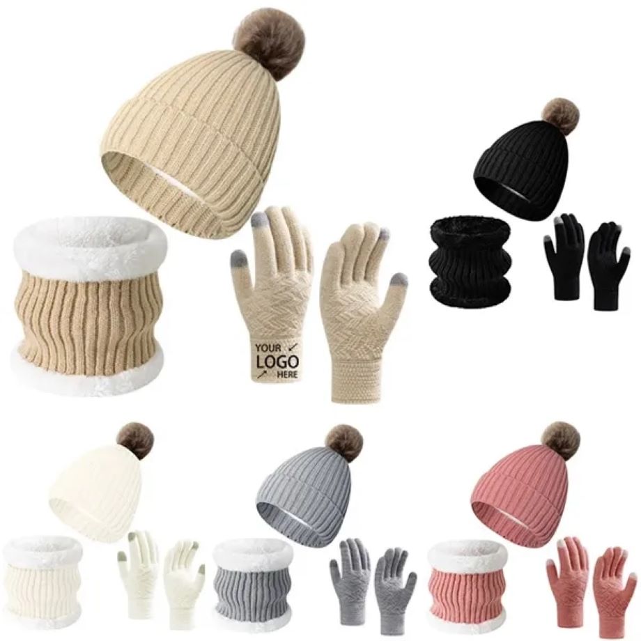 Winter Beanie Hat Scarf Touchscreen Gloves Set 3