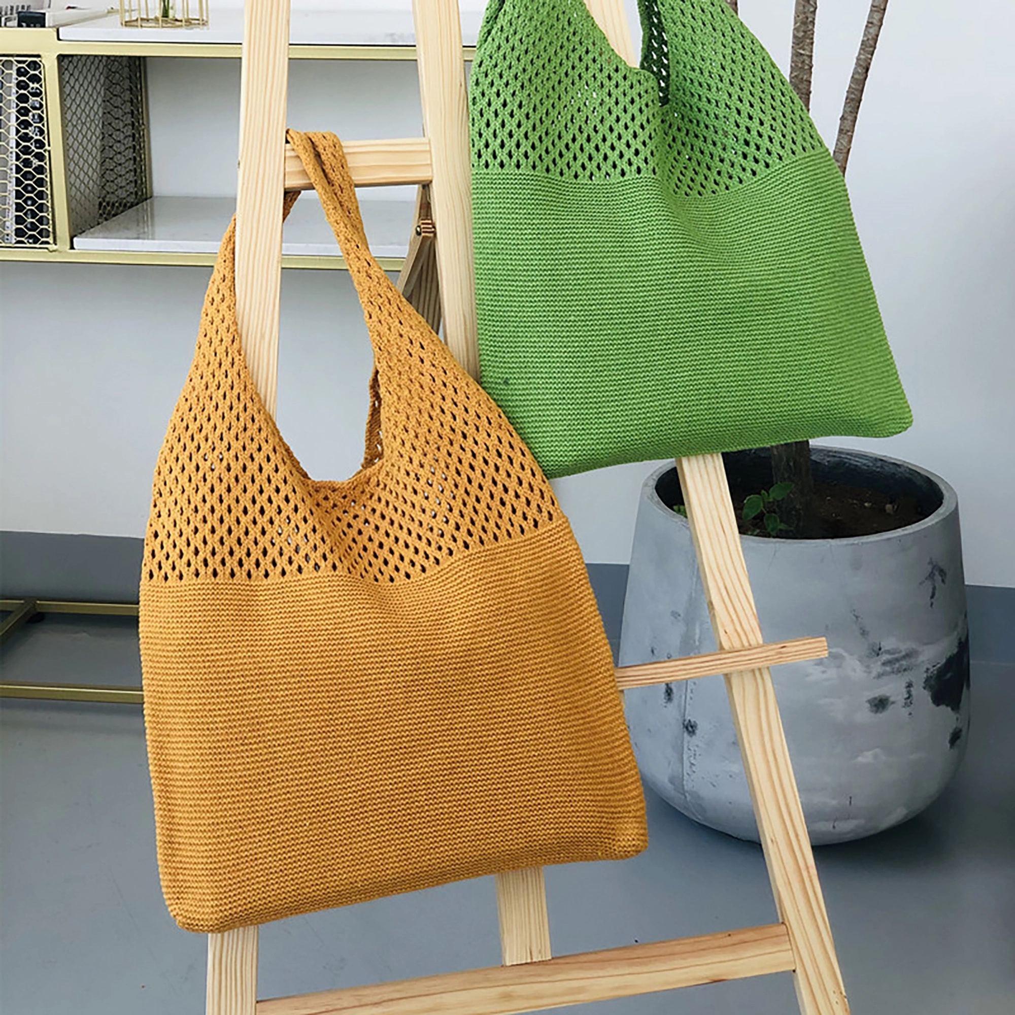 Portable Reusable Knitted Grocery Tote Bags, custom tote bag with logo imprint 5