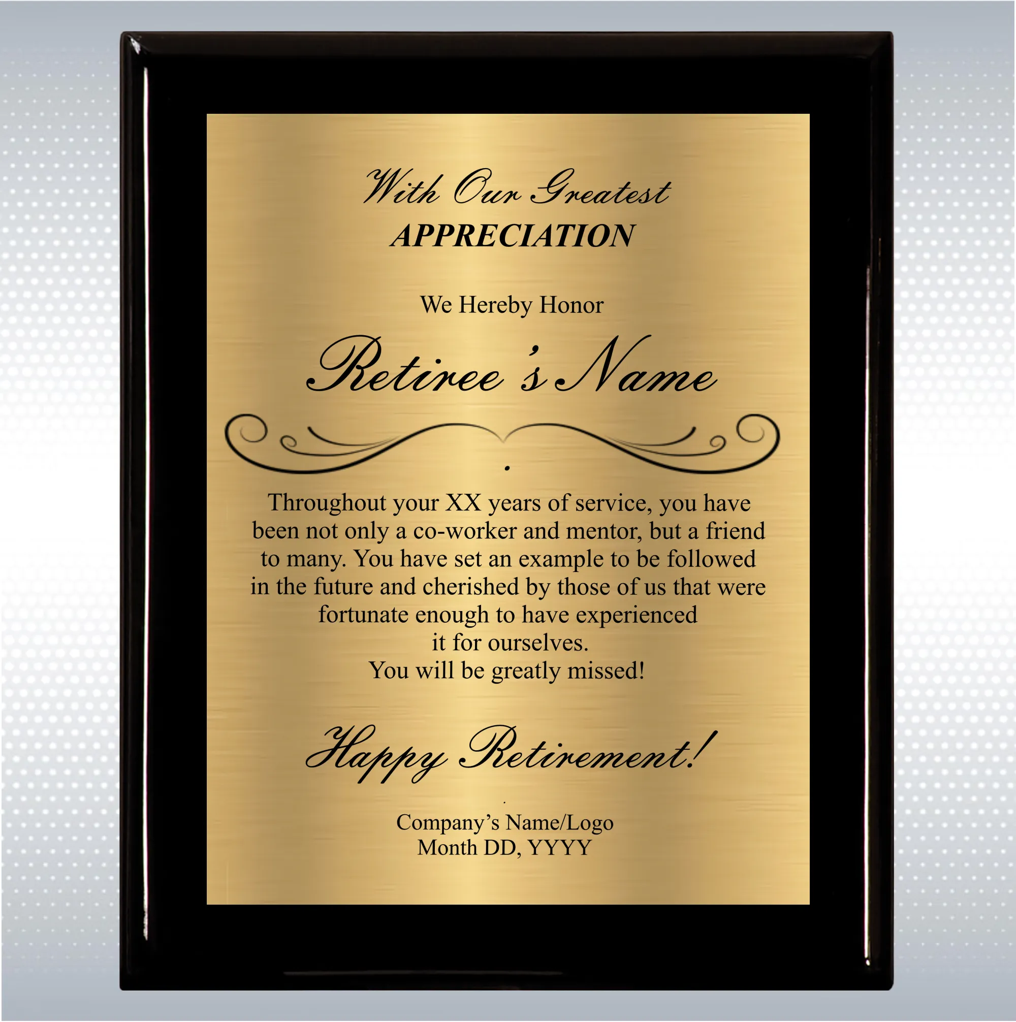 Black Piano Finish Wood Plaque Retirement Gift Award 2