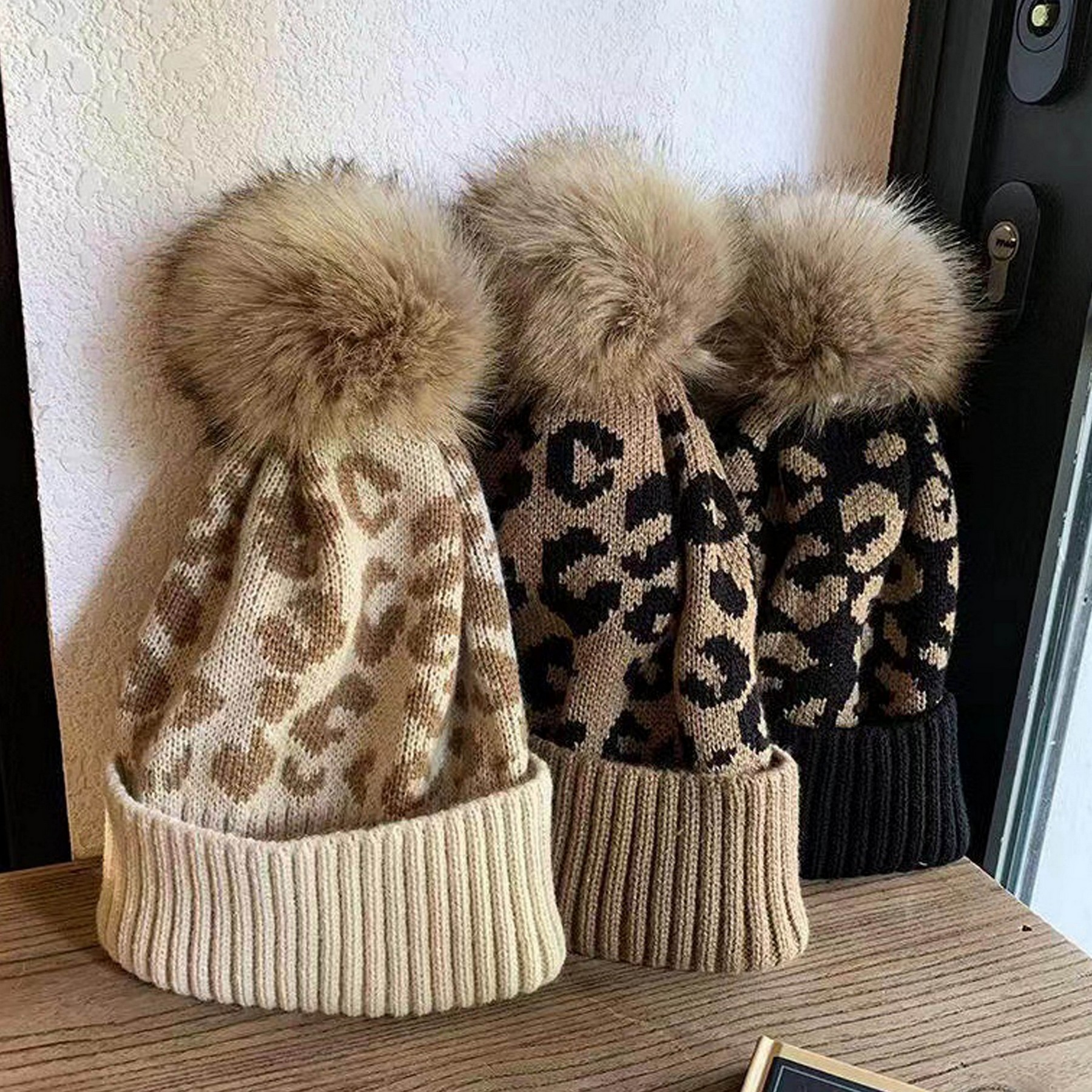 Leopard Print Knitted Pom Woolen Hat 4