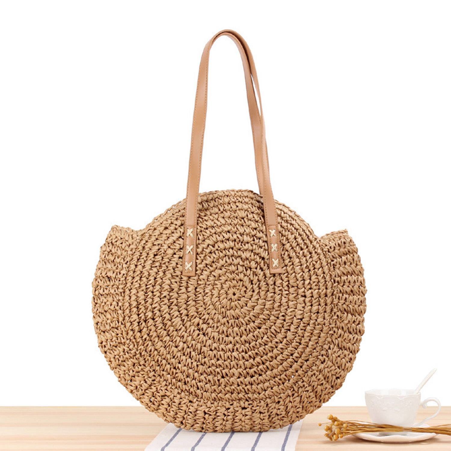 Women Round Hollow Straw Tote Bag 7