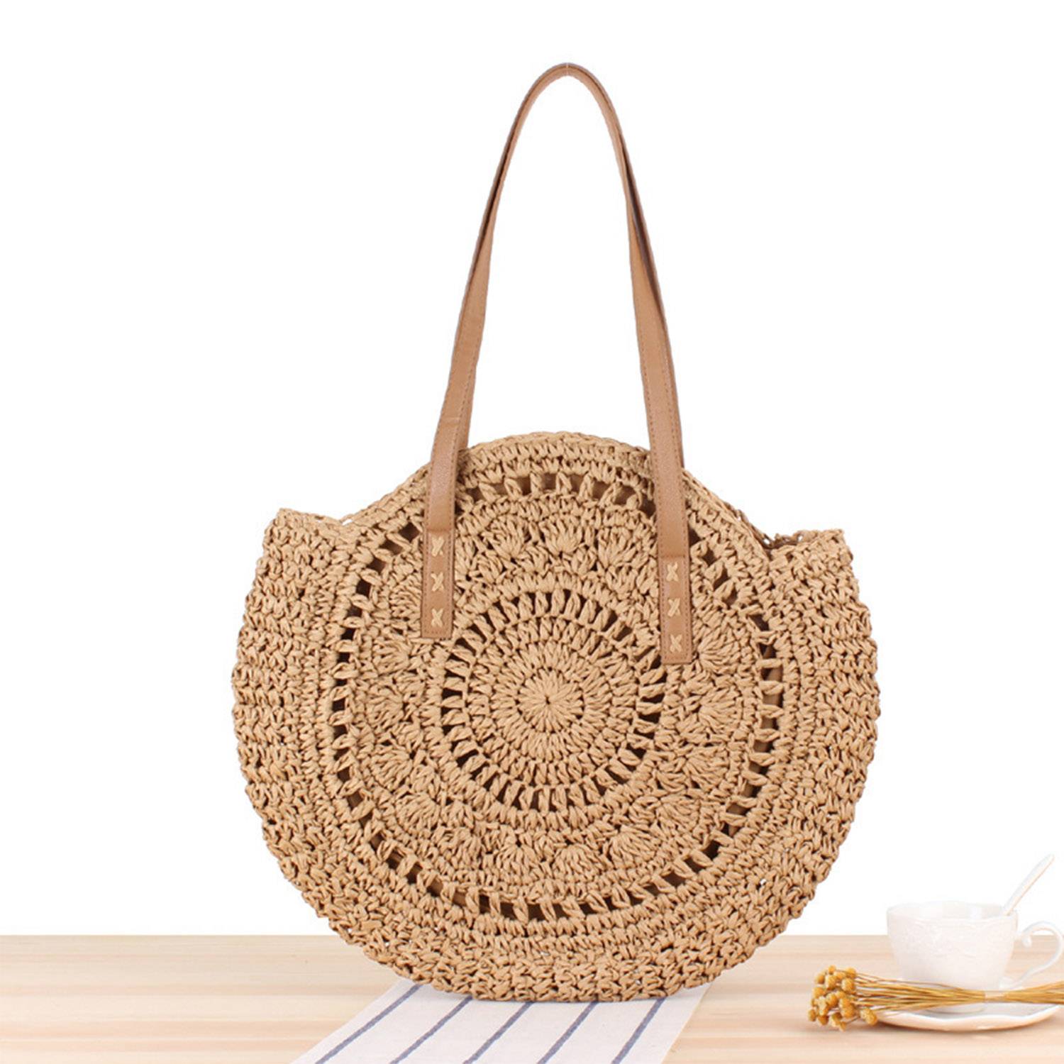 Women Round Hollow Straw Tote Bag 2