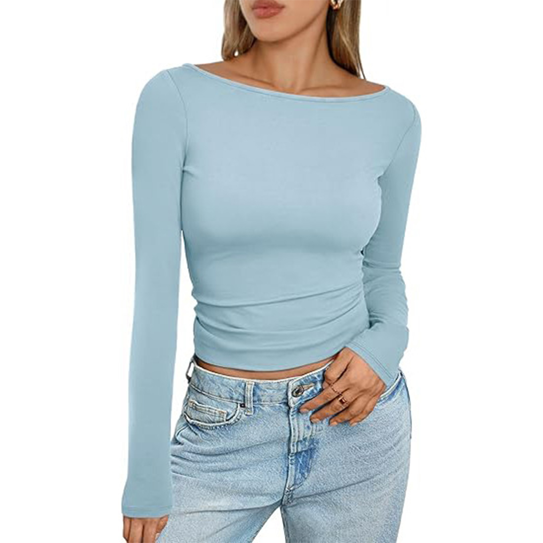 Women Boat Neck Long Sleeve Shirt 19