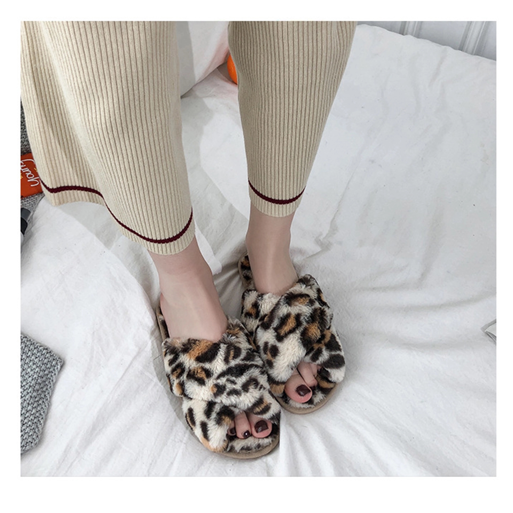 Cross Band Slippers Faux Rabbit Fur Open Toe Shoes 3