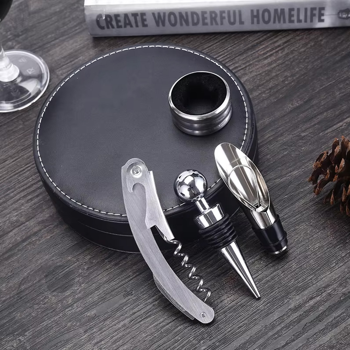 4-Piece Wine Tool Gift Set in Round Leather Case 6