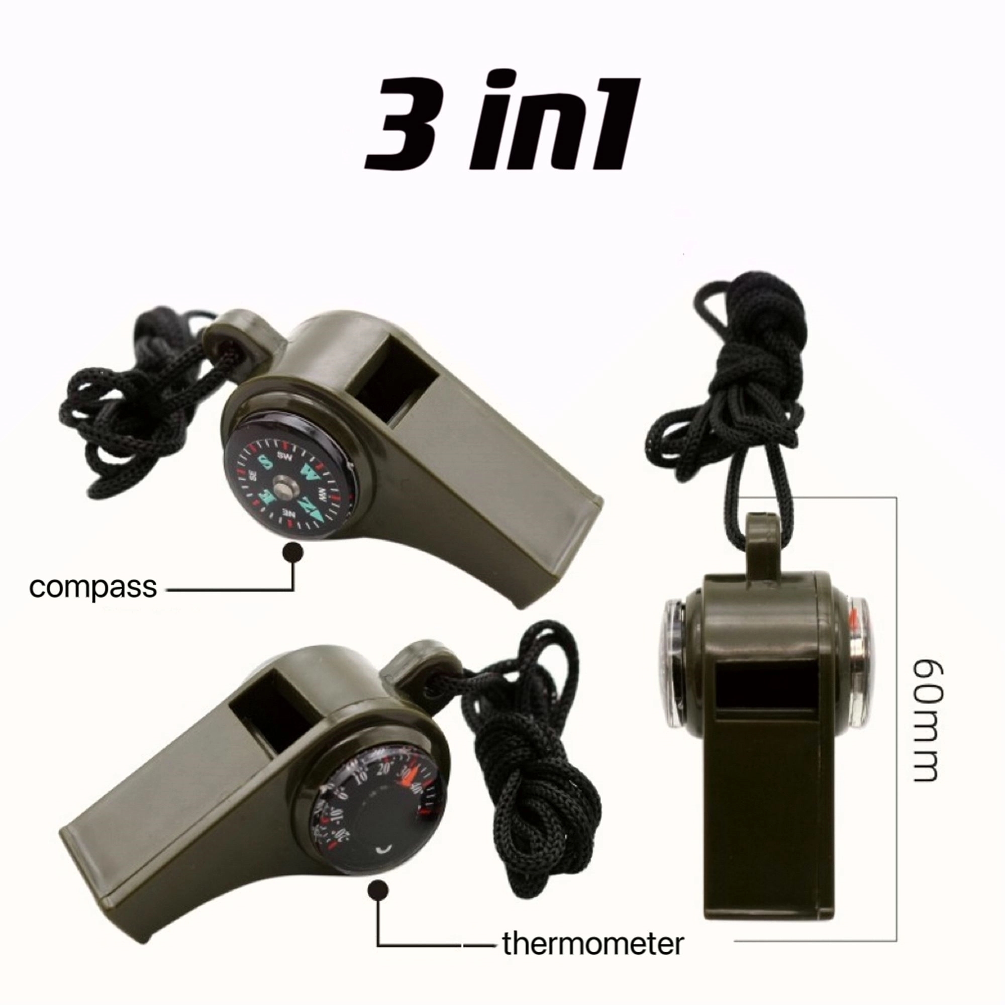 3 in1 Emergency whistle with lanyard