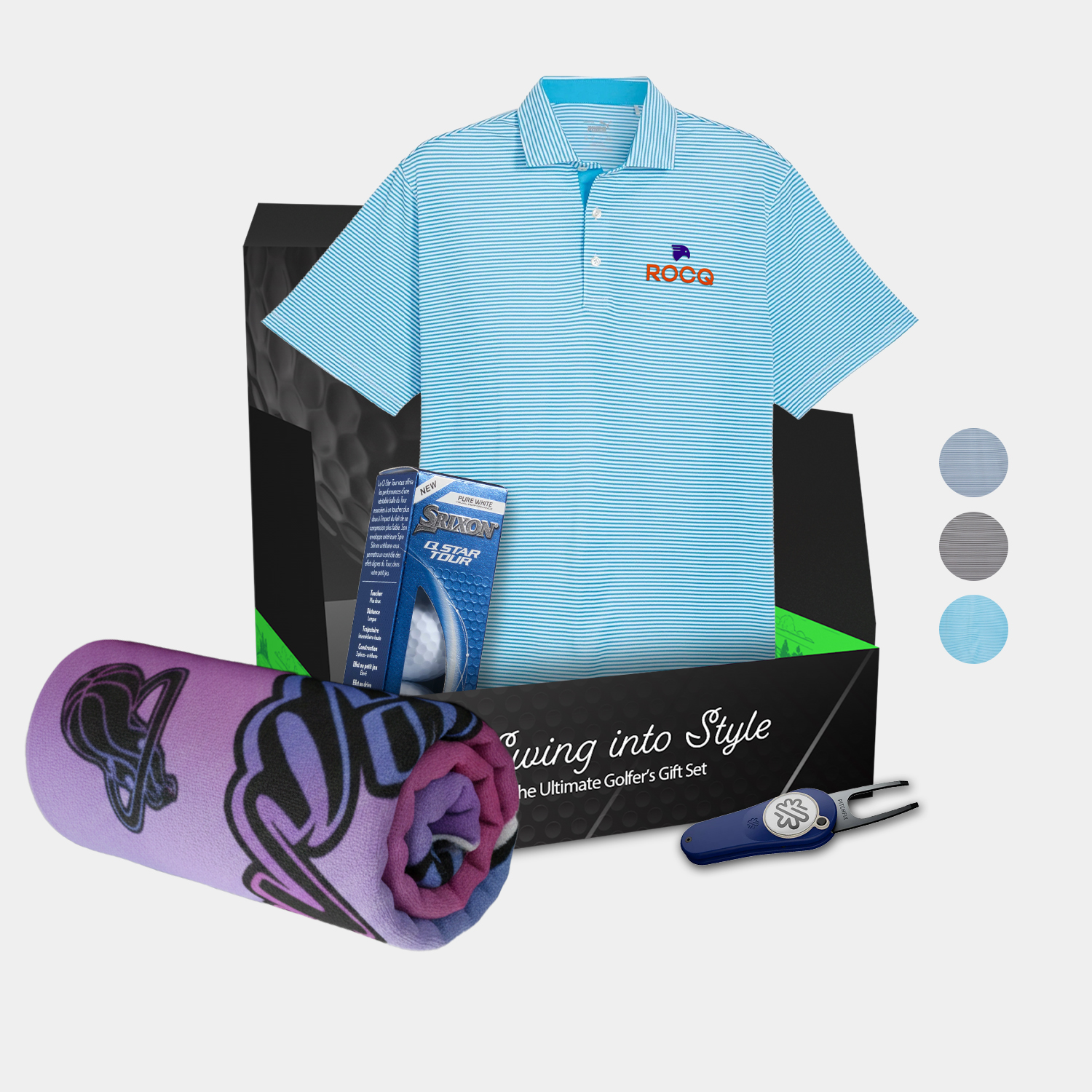 PUMA® Isle Pique Men's Polo Shirt, Towel, Srixon® Golf Balls & Pitchfix® Icon Divot Tool Gift Set 2