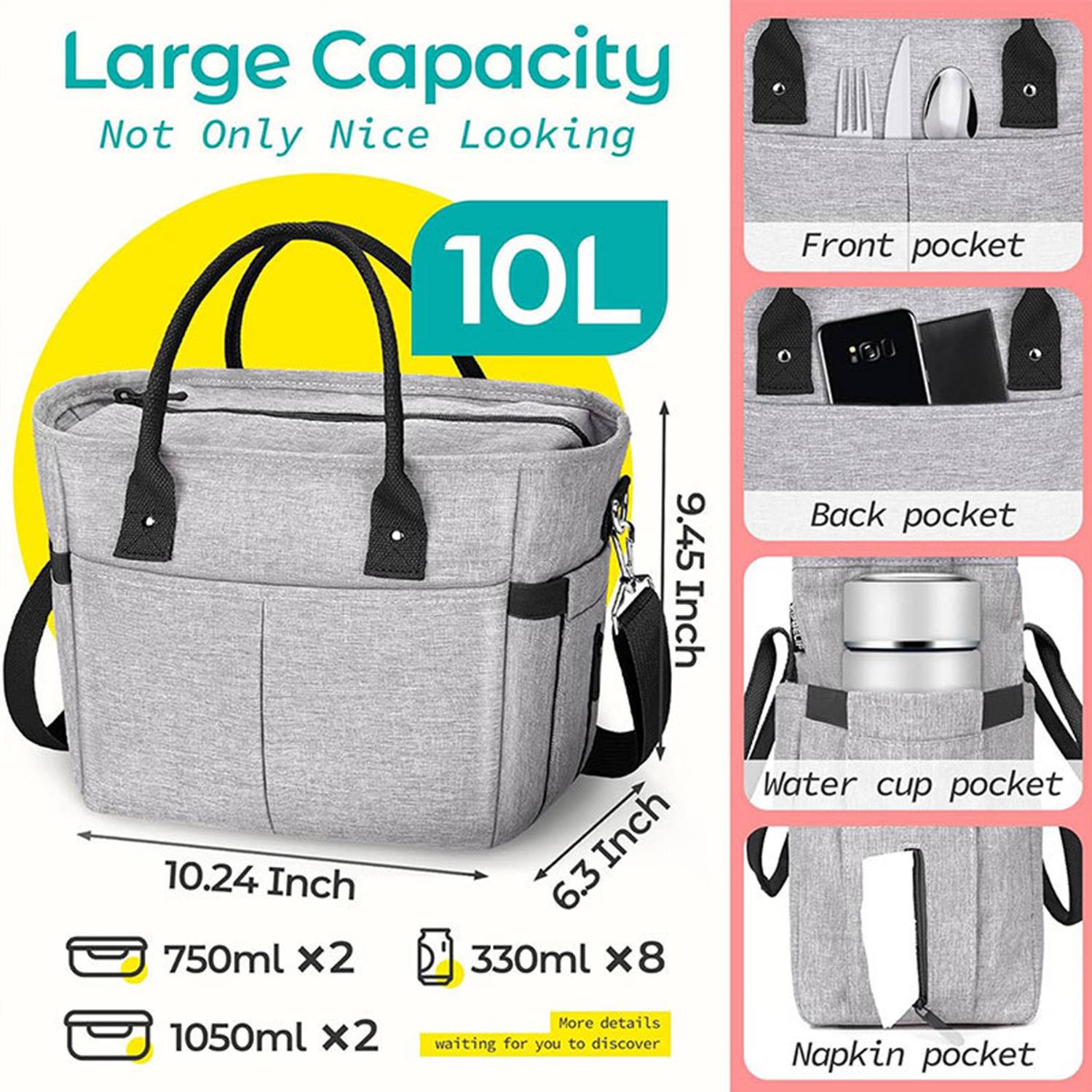 10L Oxford Insulated Lunch Cooler Bag w/ Pockets 4
