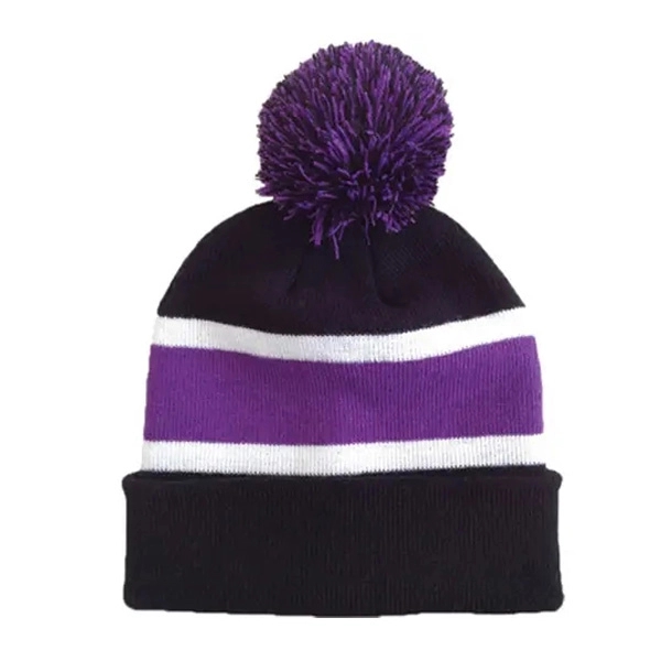 Three Tone Knit Beanie with Pom Ball 13