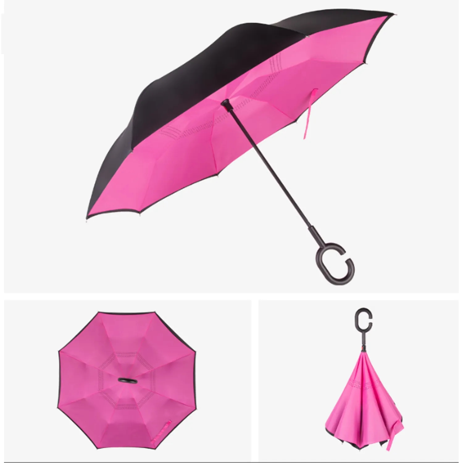 Solid Color Inverted Umbrella with C-Shaped Handle 5