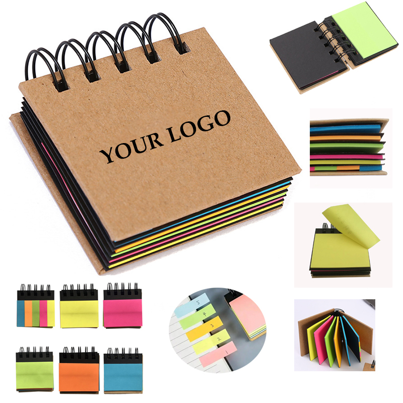 Portable Sticky Notes Notebook Pad Marker Spiral Brown Cover 2