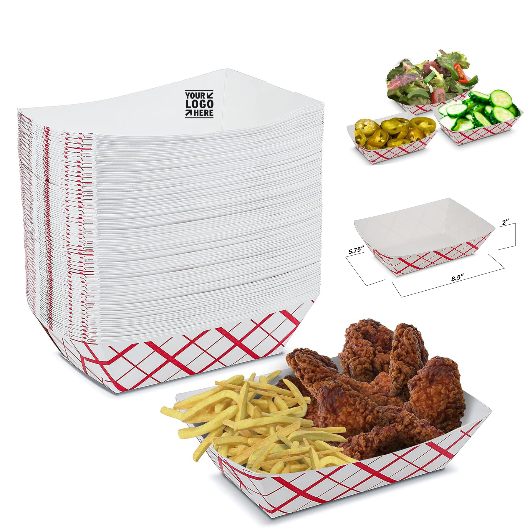 5.75"x 8.5"x 2" 5 lb Recyclable Paper Food Tray Disposable Plaid Classy Red and White Boat 2