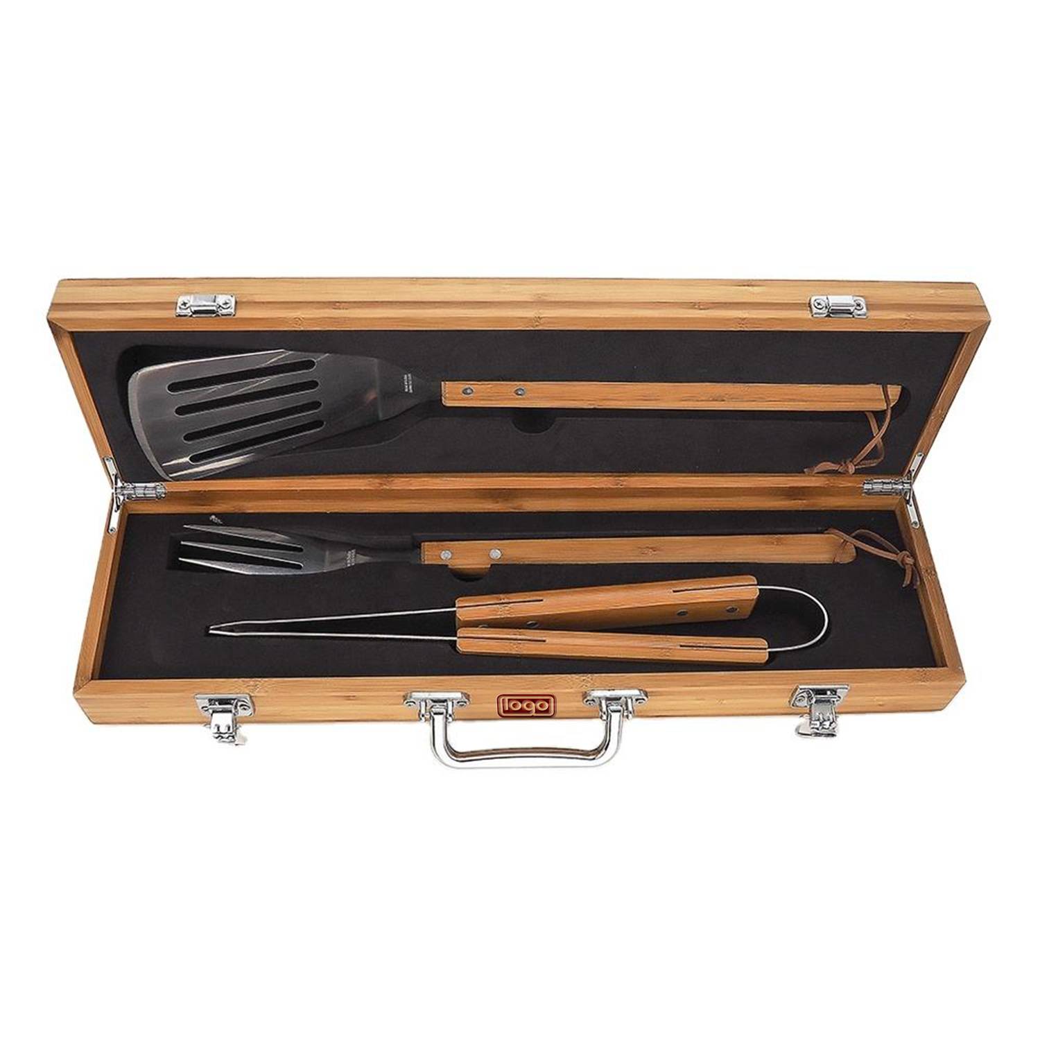 3PCS Wooden Handle Stainless Steel BBQ Set w/ Case 2