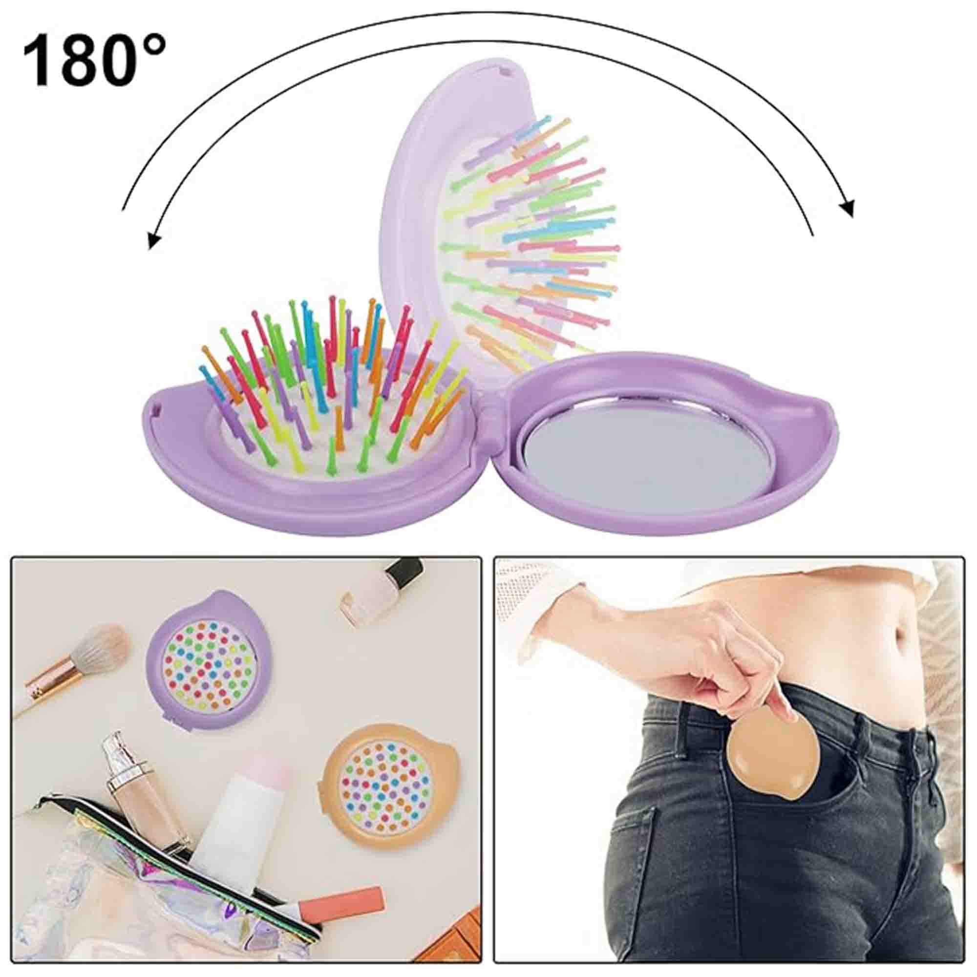 Folding Round Mini Airbag Rainbow Comb with Mirror 2