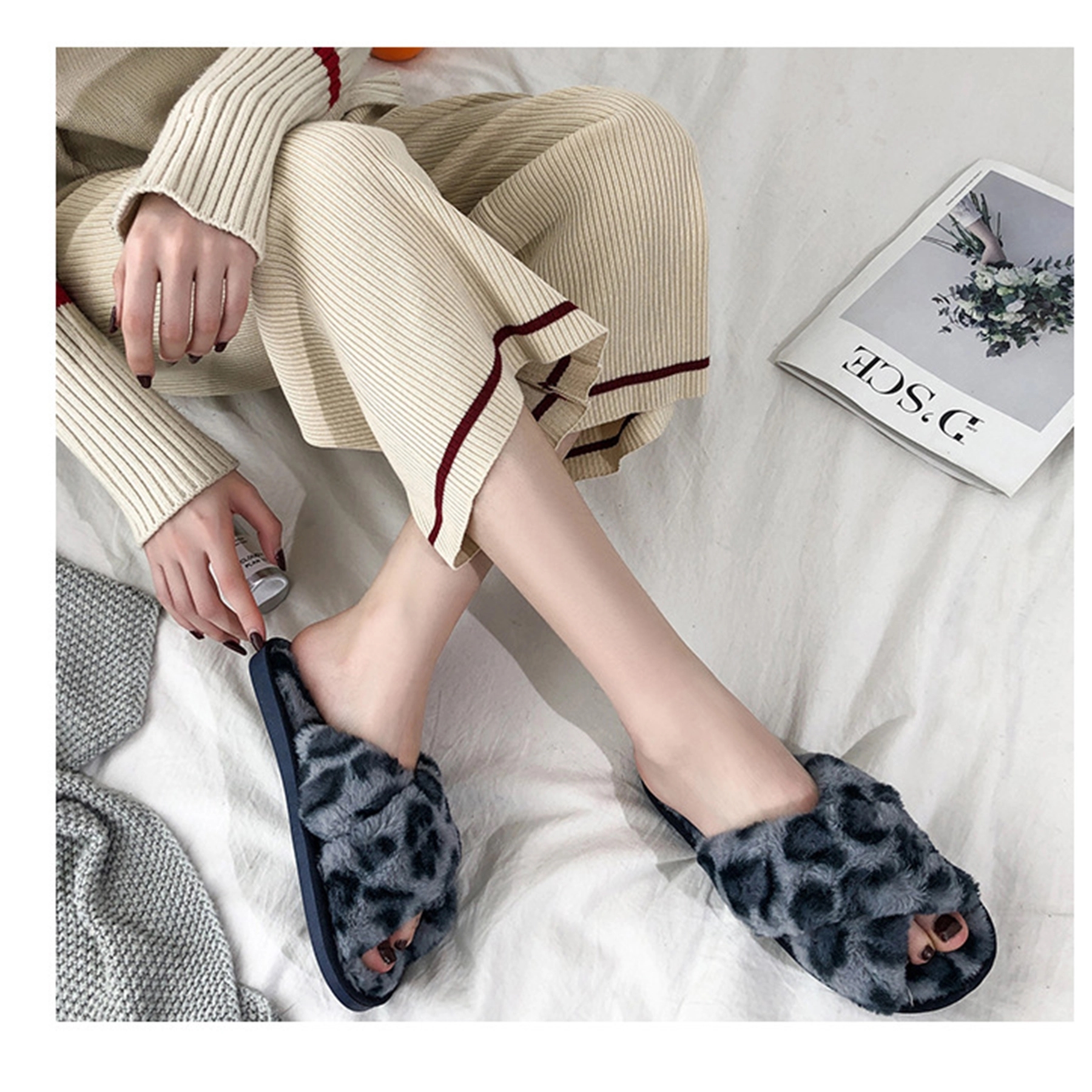Cross Band Slippers Faux Rabbit Fur Open Toe Shoes 5
