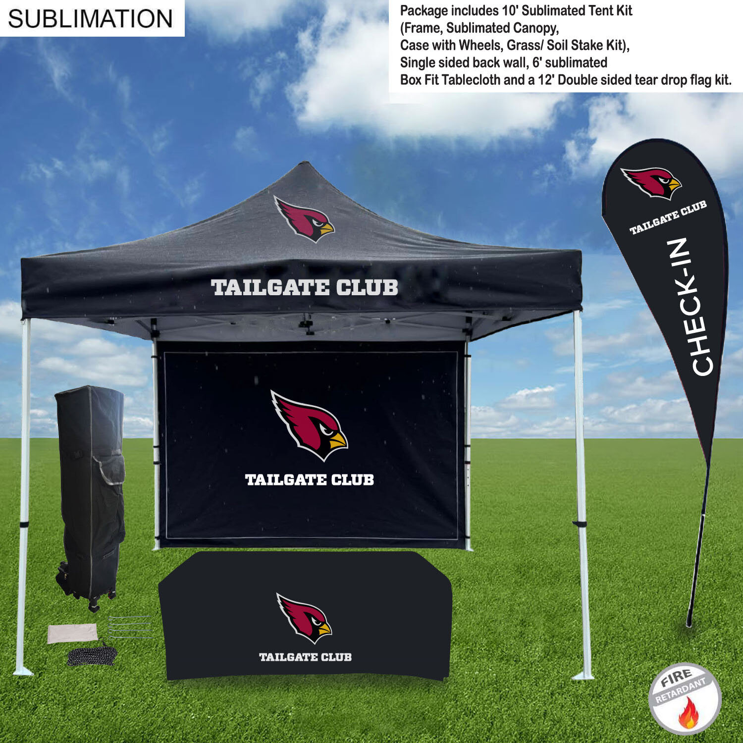 Game Day Tailgate Package, 10' Tent kit, Backwall, Box Fit Tablecloth, and Double sided Flag Kit 4