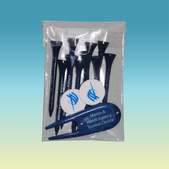 "Crystal Clear" Golf Tee Poly Bag Pack w/ Eight 2 3/4" Tees, 2 Markers & 1 Fixer 1