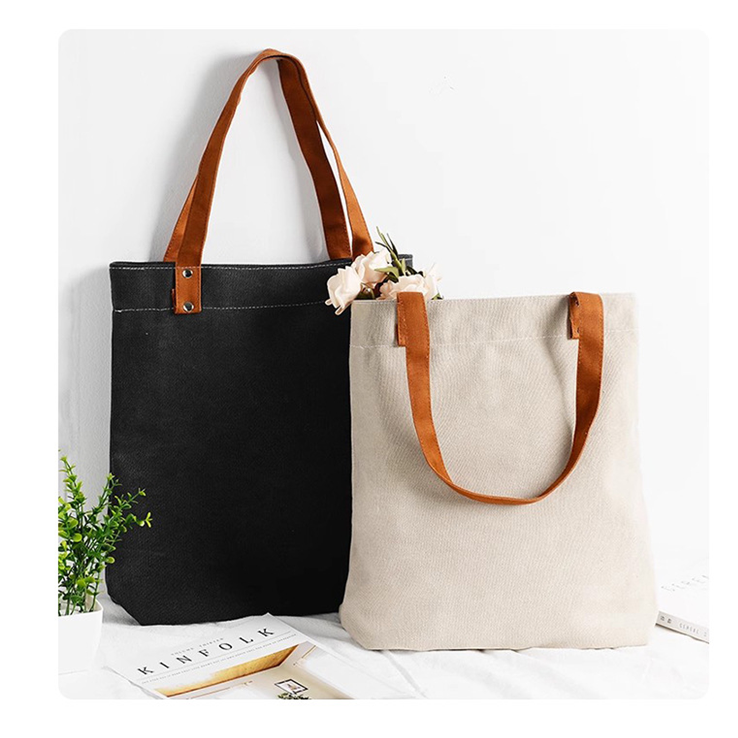 Canvas Tote Bag With PU Leather Handles, custom tote bag with logo imprint 4