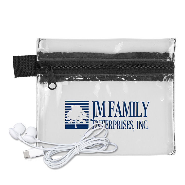 Mobile Tech Earbud Kit In Zipper Pouch Components inserted into Polyester Zipper Pouch 14