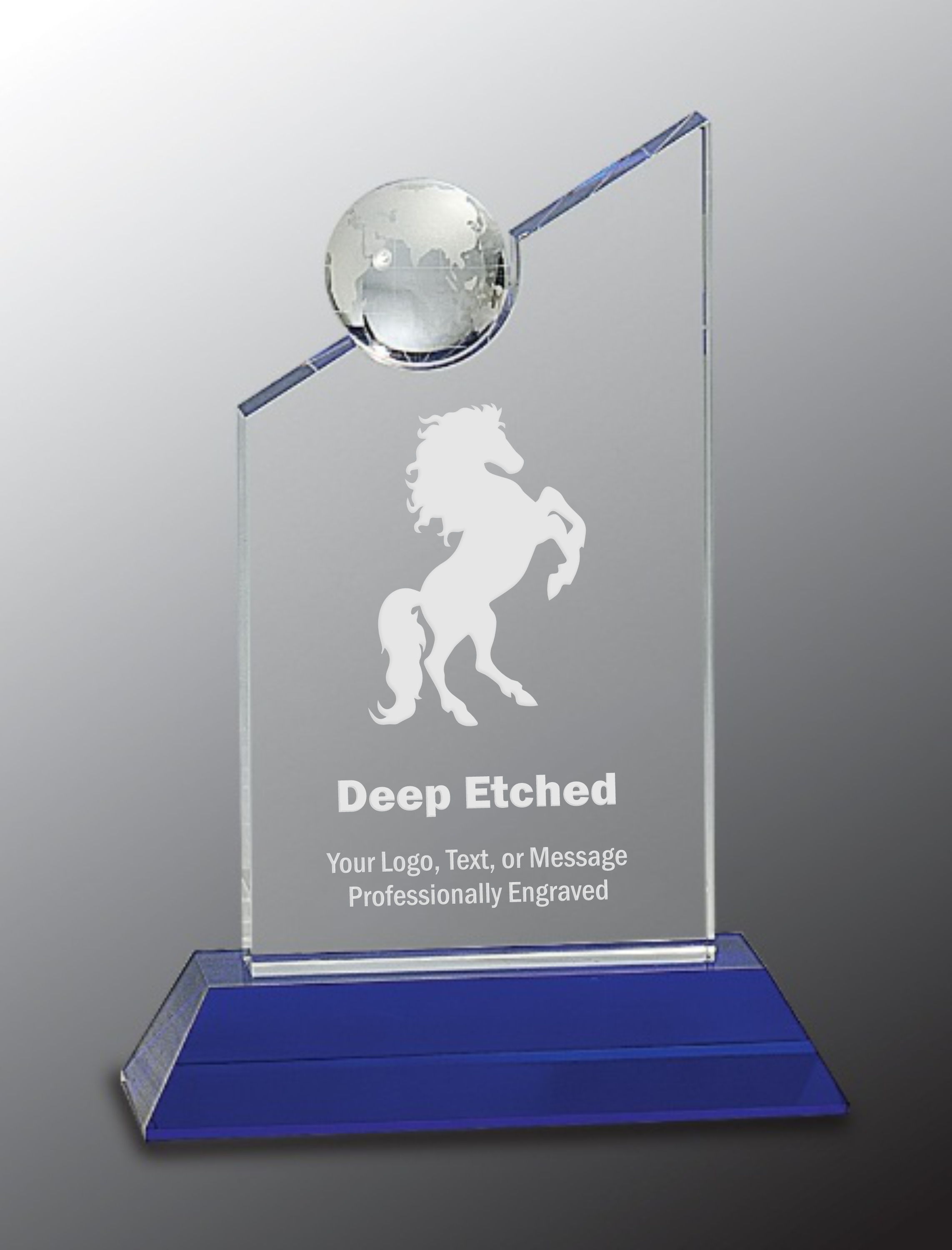 8 1/4" Clear Crystal with Inset Crystal Globe Award and Blue Base