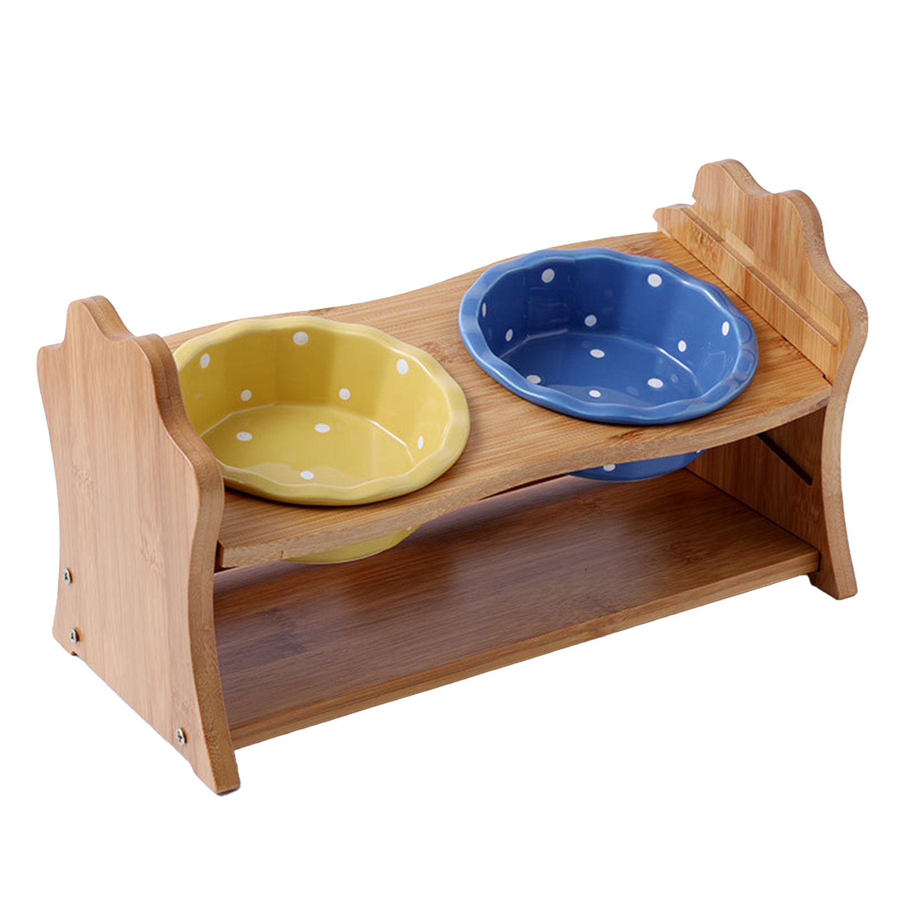 Ceramic Double Cat Bowl With Wooden Frame 1