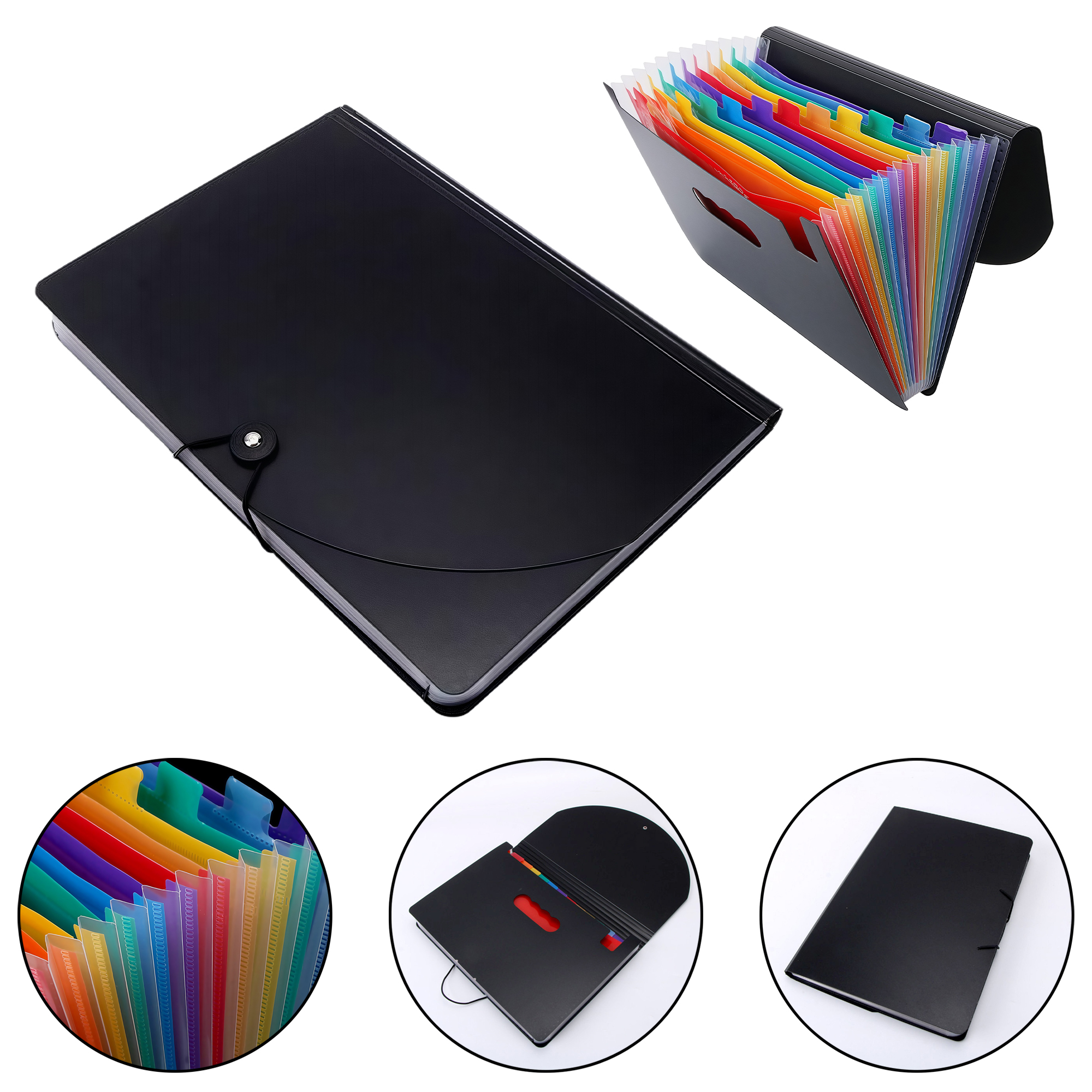 Portable A4 Rainbow 12-Pocket Accordion File Folder with Round Lid for Student Papers 2