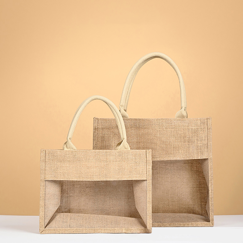 Jute Tote Bag with Transparent Panel, custom tote bag with logo imprint 7