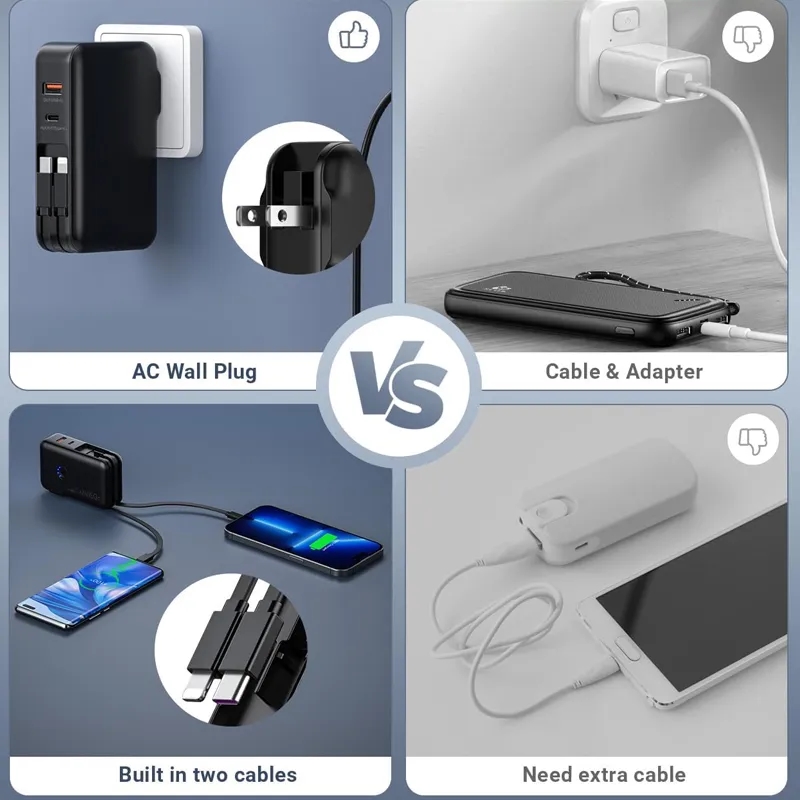 Portable Charger Built-in AC Wall Plug and Cables - 15000mAh 3