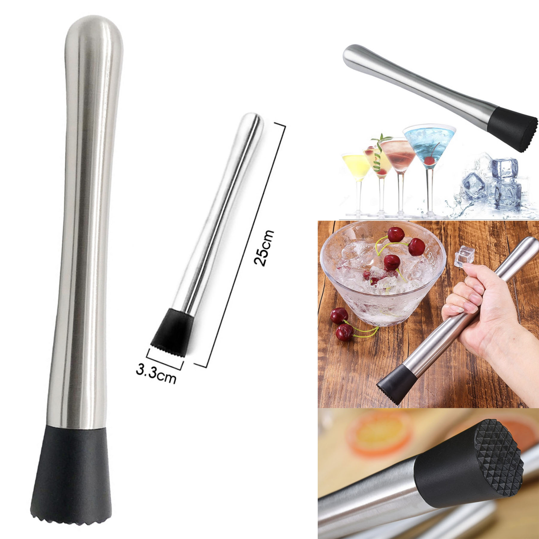 Stainless Steel Cocktail Muddler Lemon Hammer Swizzle Stick Ice Crusher 1