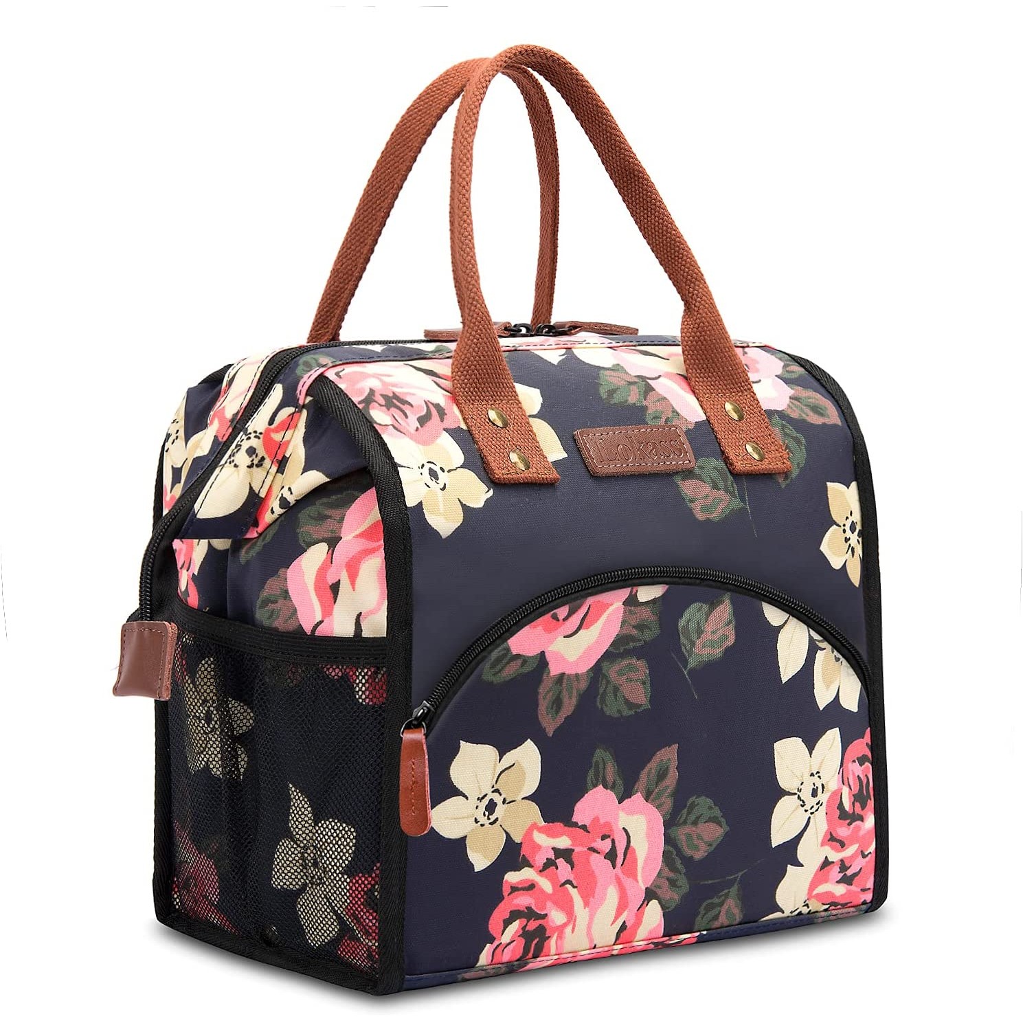 Flower Thermal Insulated Lunch Bag Wide-Open Lunch Tote Bag Large Drinks Holder Durable Nylon 1