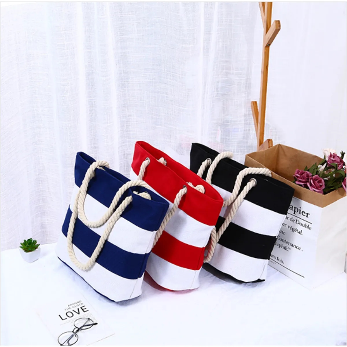 Striped Canvas Beach Tote Bag With Rope Handles 5