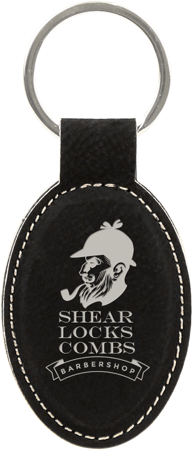 3" x 1 3/4" Black/Silver Leatherette Oval Keychain 2