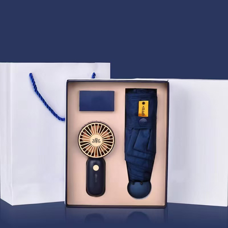 Lightweight Compact 5 Fold Umbrella With Portable Fan With Light Gift Set 10