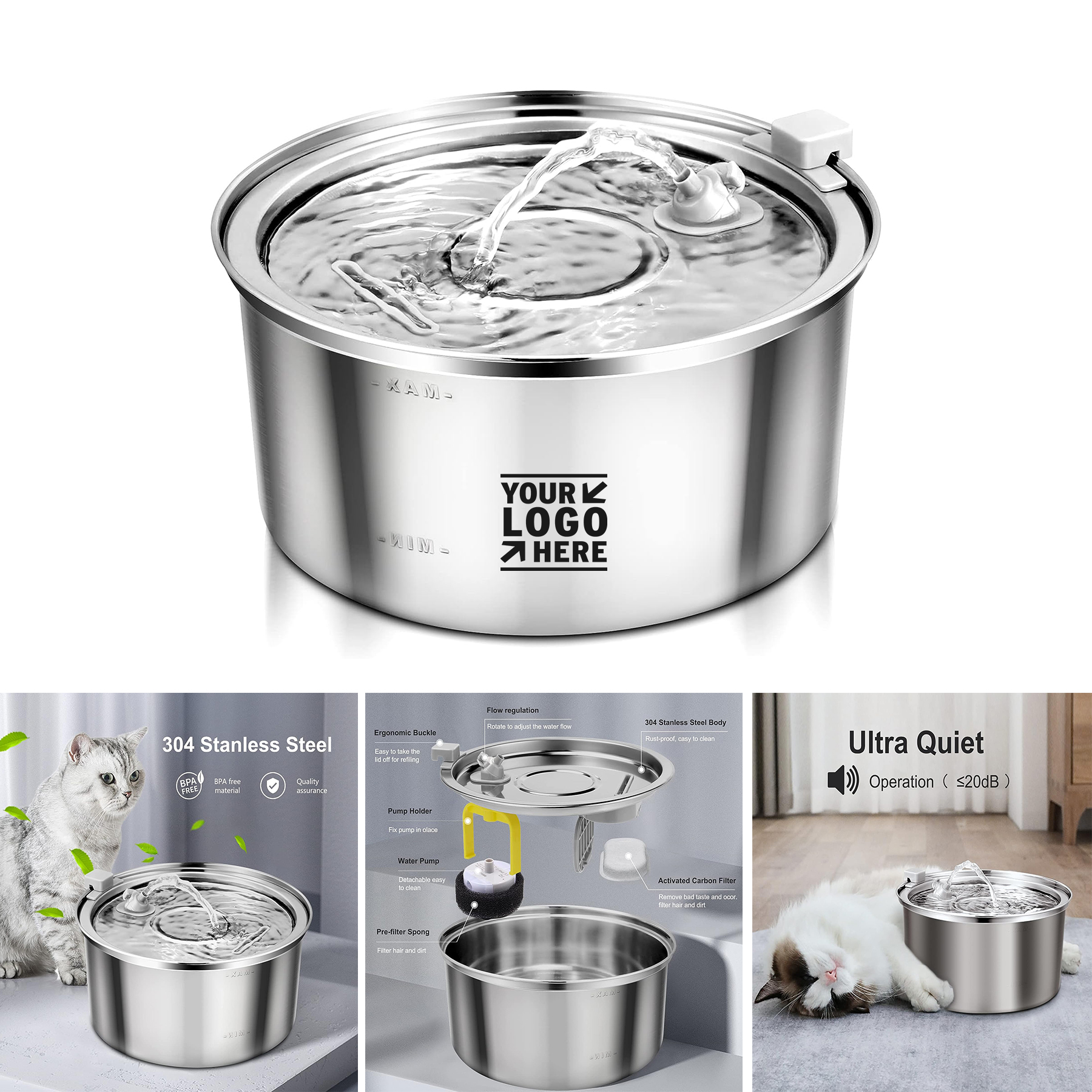 
3.2L/108ozAutomatic Stainless Steel Multi Pet Households Cat Water Fountain with Ultra Quiet Pump  2