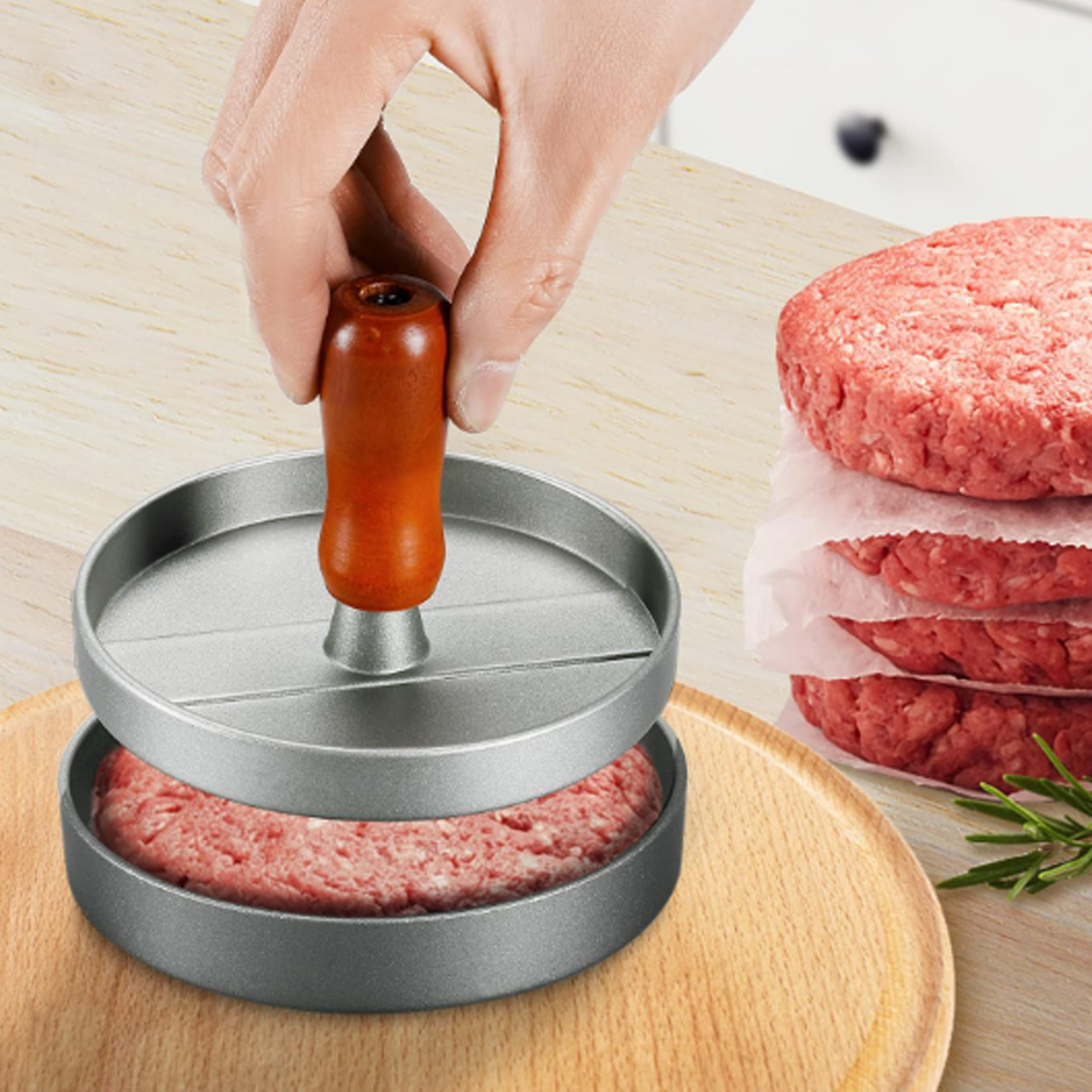 Aluminum Burger Press with Handle and 100 Patty Papers 6