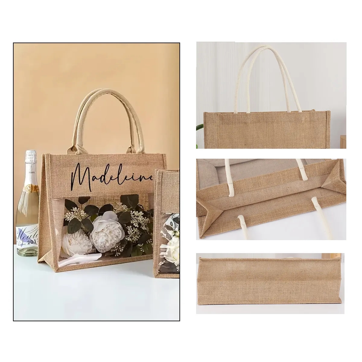 Jute Tote With Clear Window For Wedding Gifts, custom tote bag with logo imprint 2