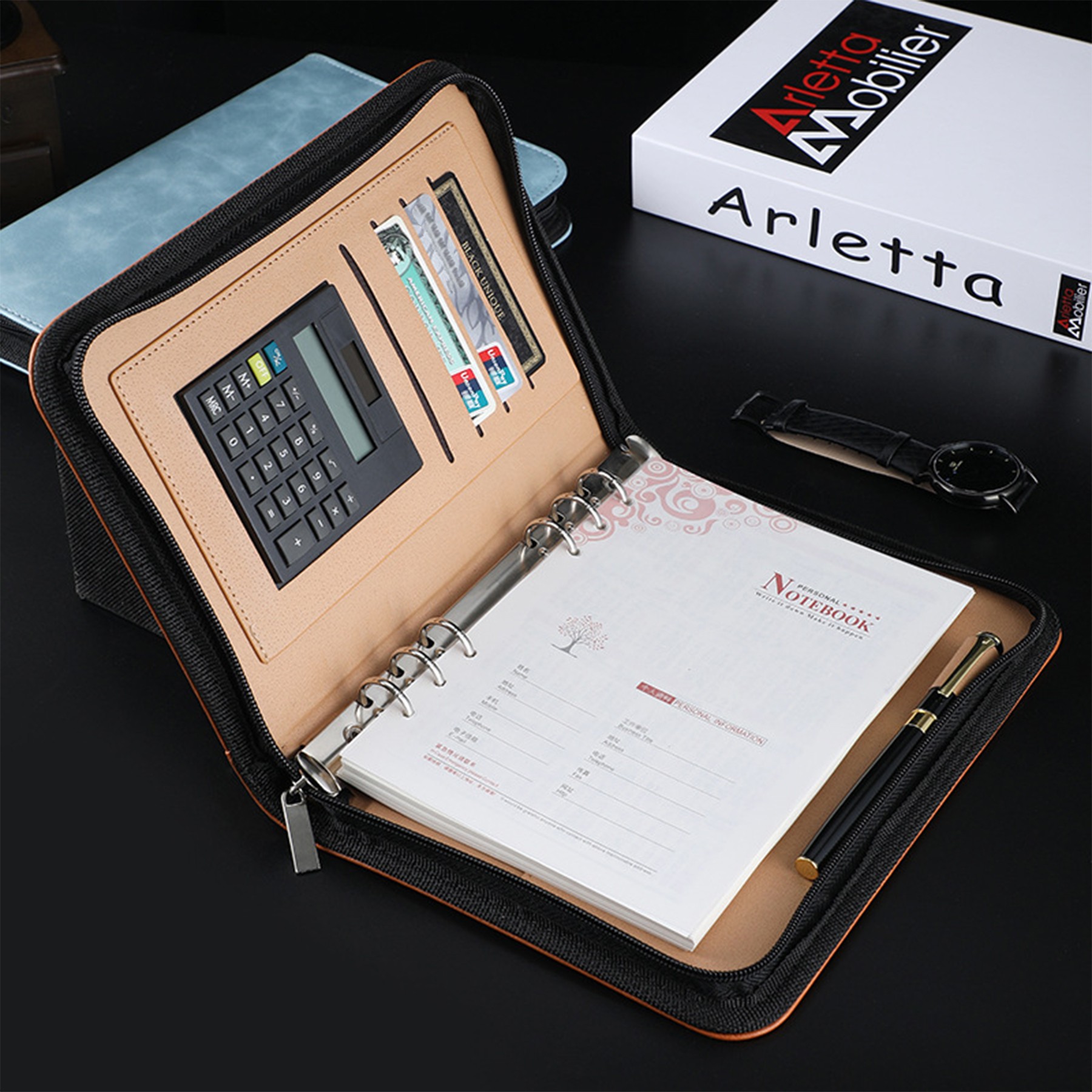 A5 Business PU Leather Zipper Bag Loose Leaf Notebook With Calculator 5