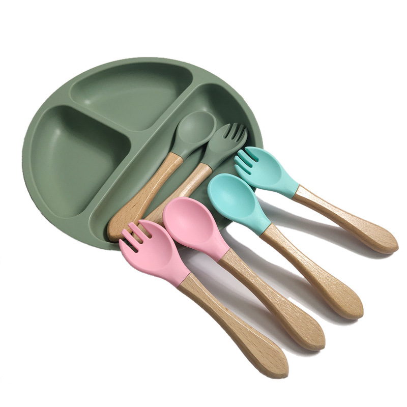 Baby Silicone Fork/Spoon With Wooden Handle 3