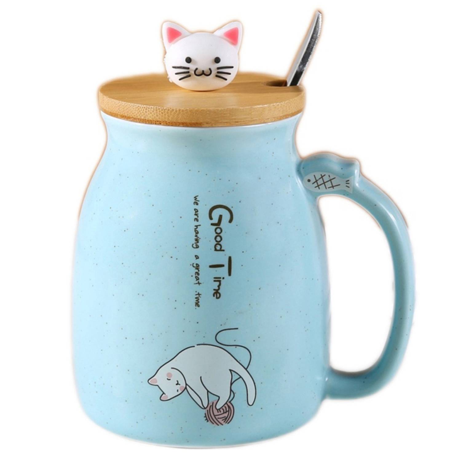 15oz Wooden Lid Cat Ceramic Mug w/ Spoon 5
