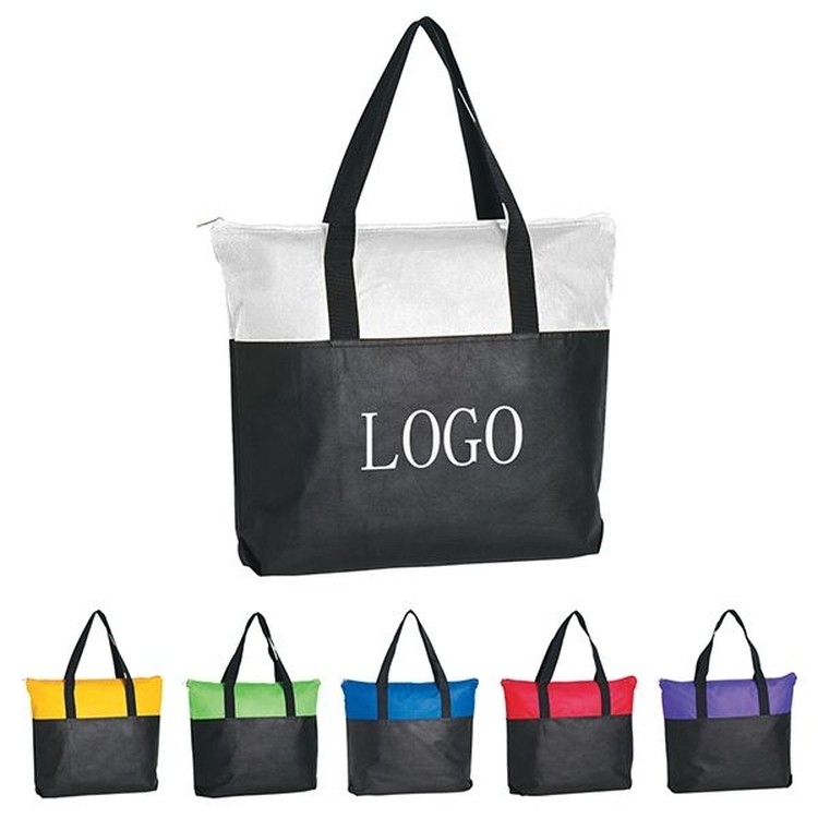 Black Non-Woven Zippered Tote Bag w/ Contrast Top Band 1
