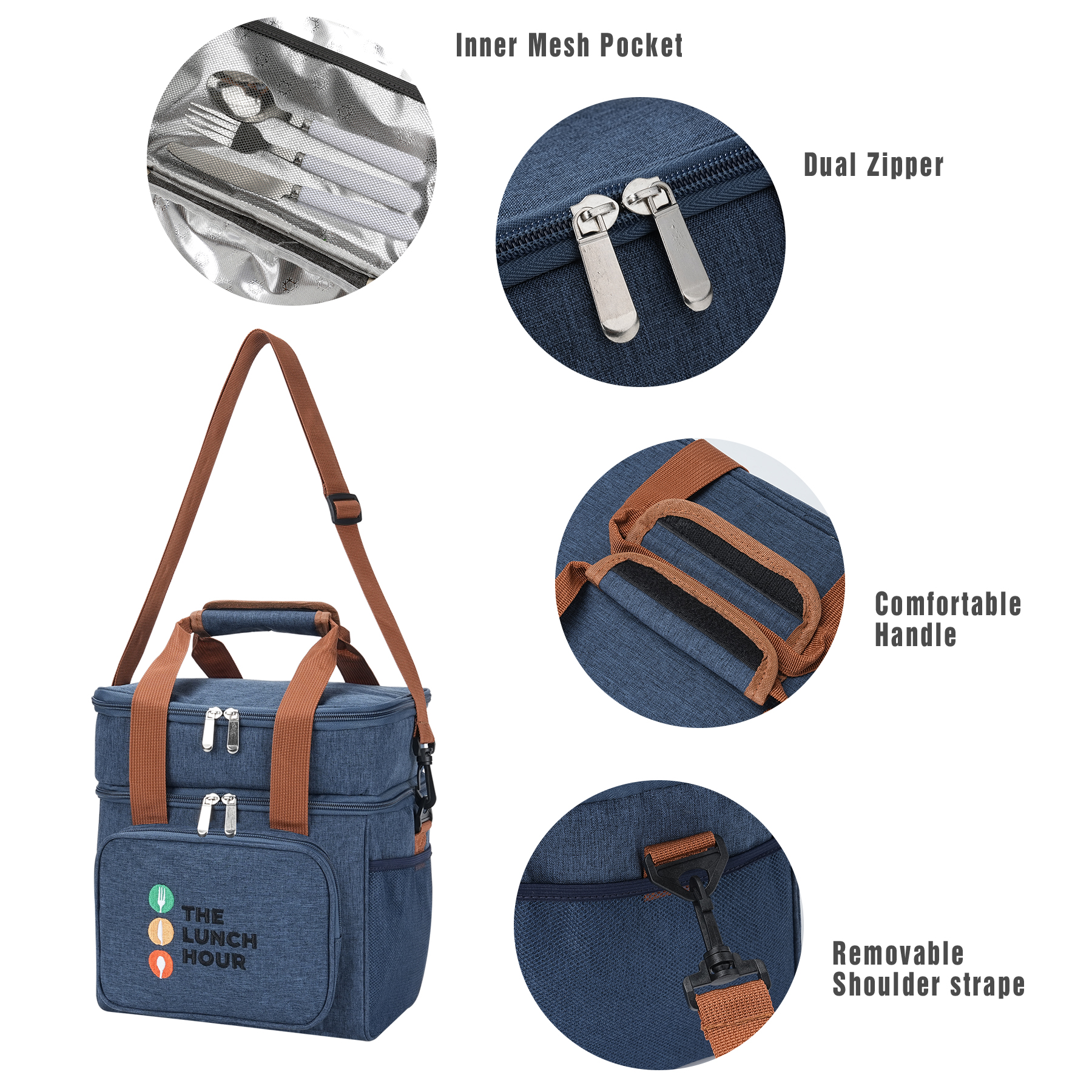 Double Deck Insulated Lunch Bag W/Adjustable Shoulder Strap 3