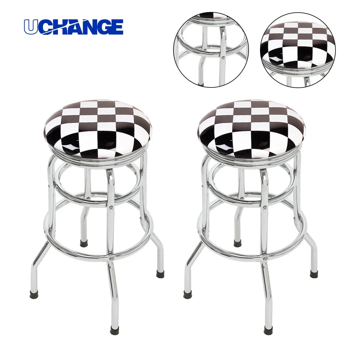 Checkerboard Padded Swivel Bar Stool Single Ring Chrome Base 7