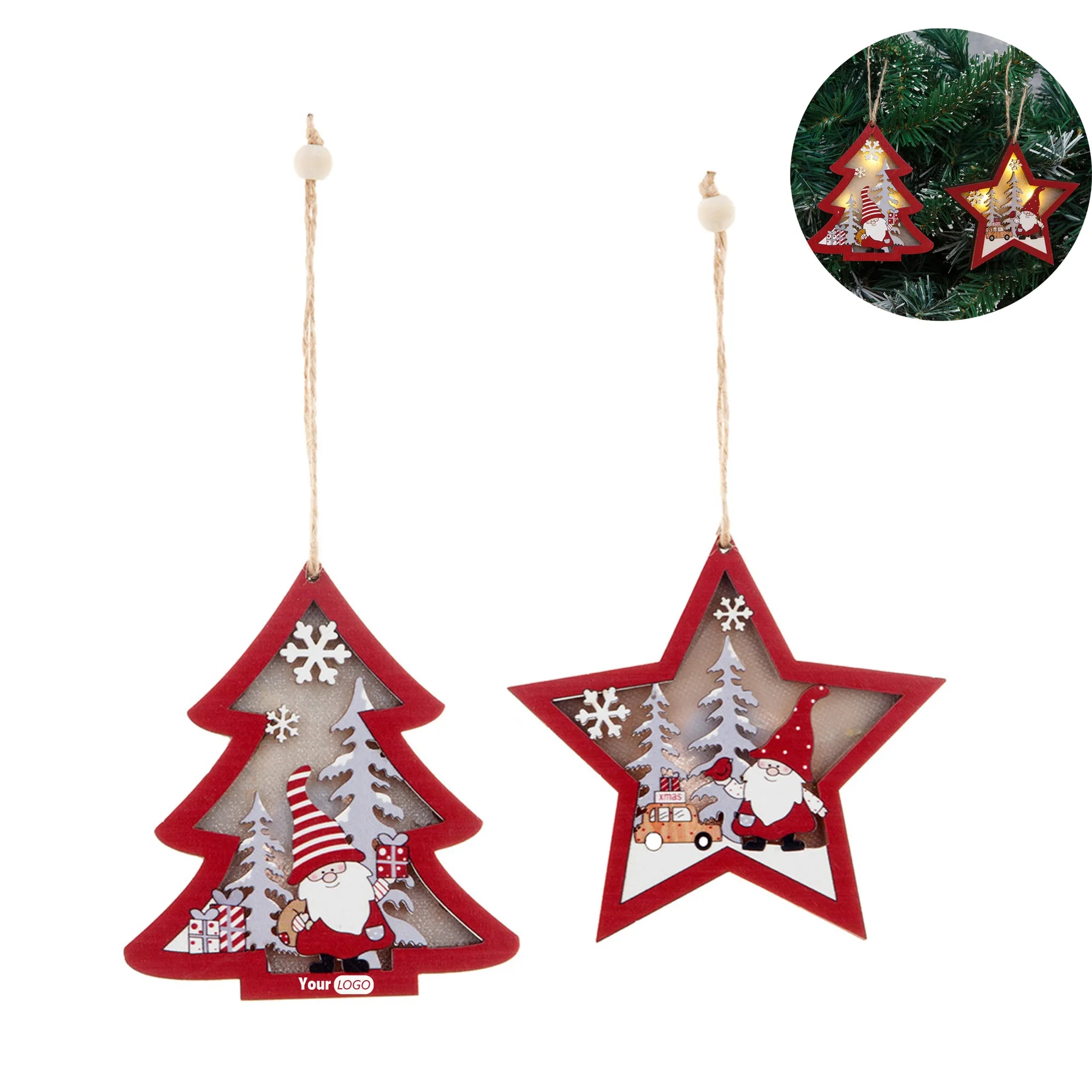 Christmas Wood Cutouts Pendants with LED Lights 4